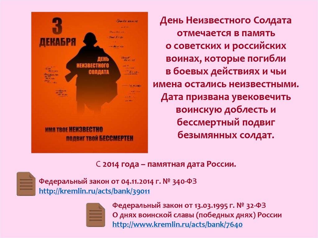 3 декабря — День неизвестного солдата.
